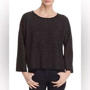 Eileen Fisher Textured Line-Print Top in Black Womens Size Large